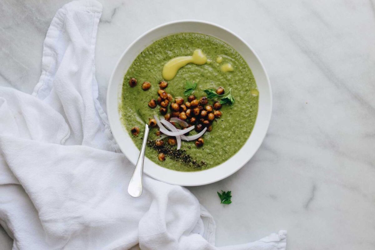 Green Vegetable Soup with Roasted Chickpeas